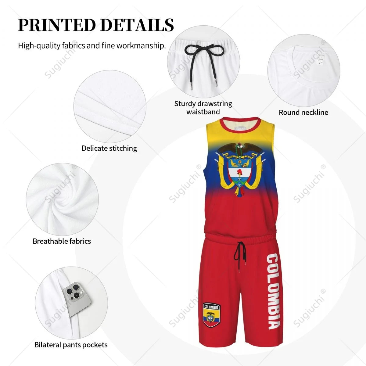 Men Colombia Flag Basketball Jersey Set Mesh Shirt & Pants Sleeveless Exclusive Team-up Custom Name Nunber Unisex