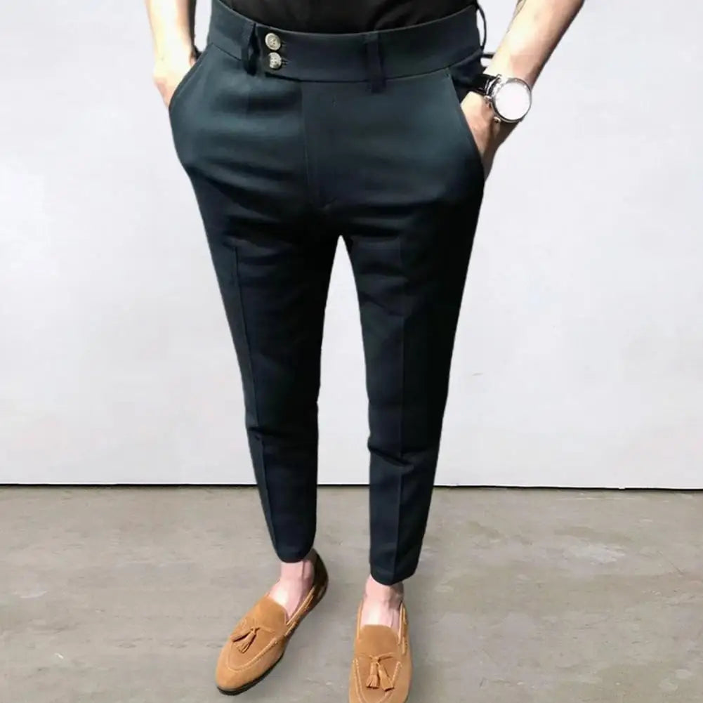 Trendy Ninth Suit Pants Office Slim Fit Wear-resistant Zip Up Ninth Suit Pants  Ankle Length Ninth Trousers Male Garment