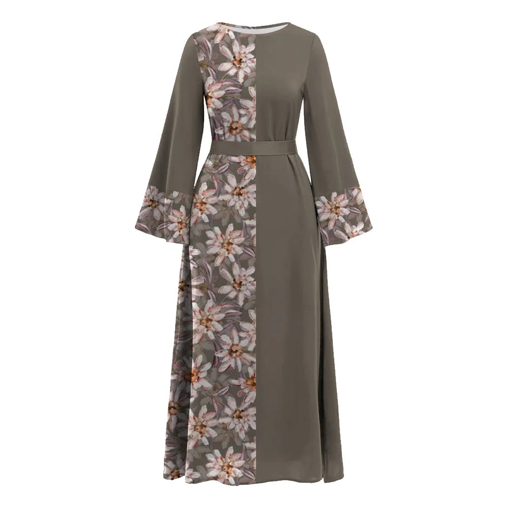 Fashion Muslim Islamic Abaya Half Floral Print Flared Sleeve Abaya Women O-neck Evening Party