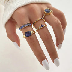 Luxury Retro Blue Crystal Ring 5 Pieces Ring Female Jewelry Party Premium Gift Wholesale