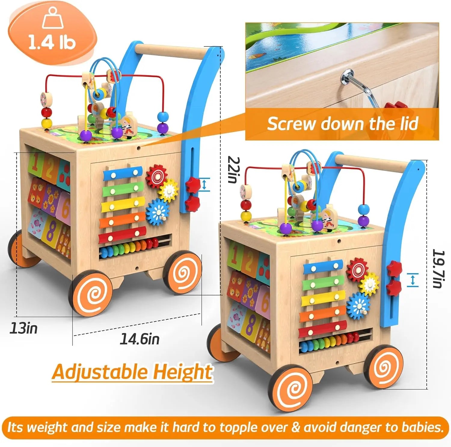 Wooden Baby Walker, Sit-to-Stand Learning Walker Activity Center, Early Educational Push Pull Toys