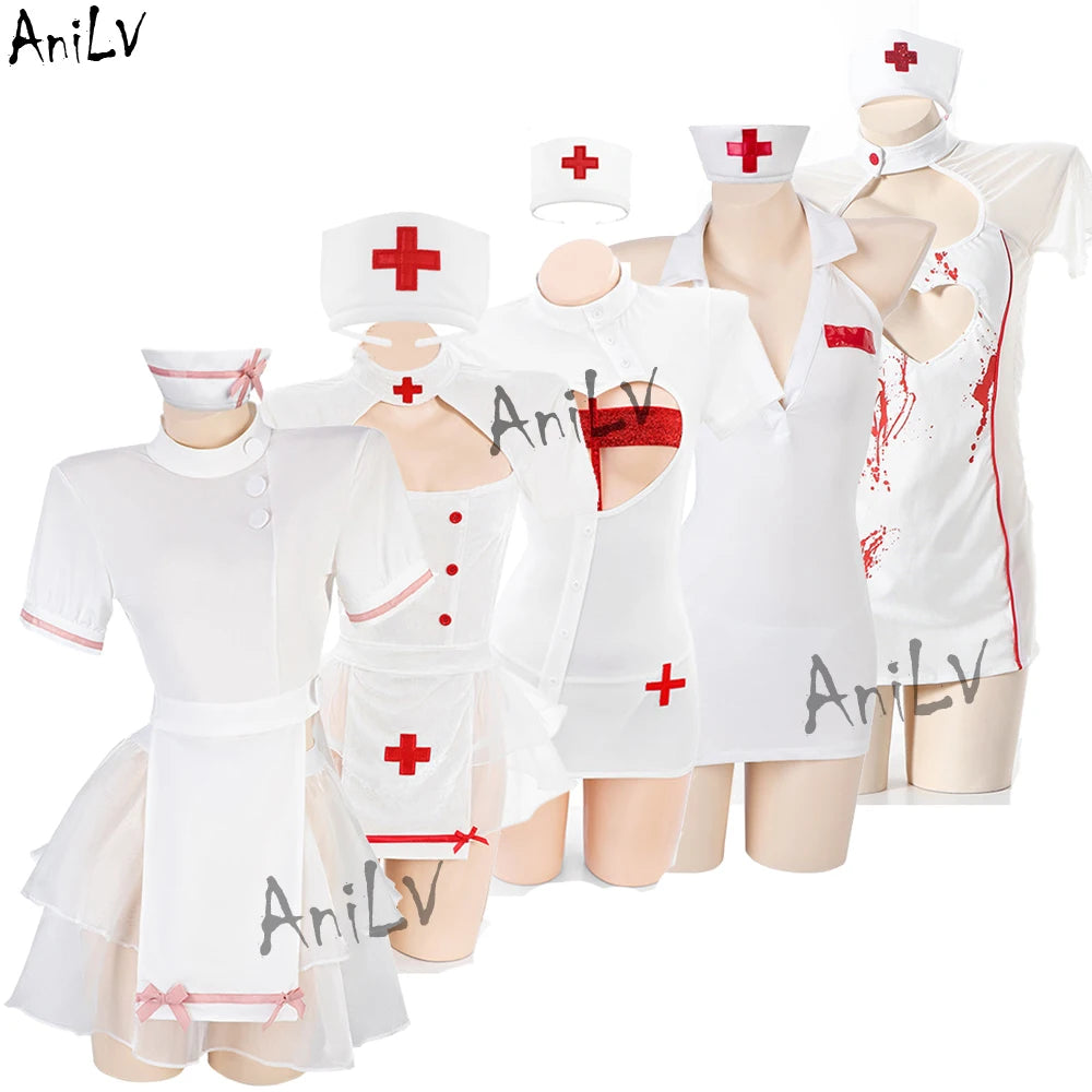 AniLV New Nurse Series Uniform Cosplay Women Sweet Love Heart Hollow Dress Outfits Set Halloween Carnival Costumes