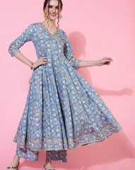 Indian Ethnic Style Blue Pure Cotton Floral Dress With Printed Casual Daily Three Piece Set\