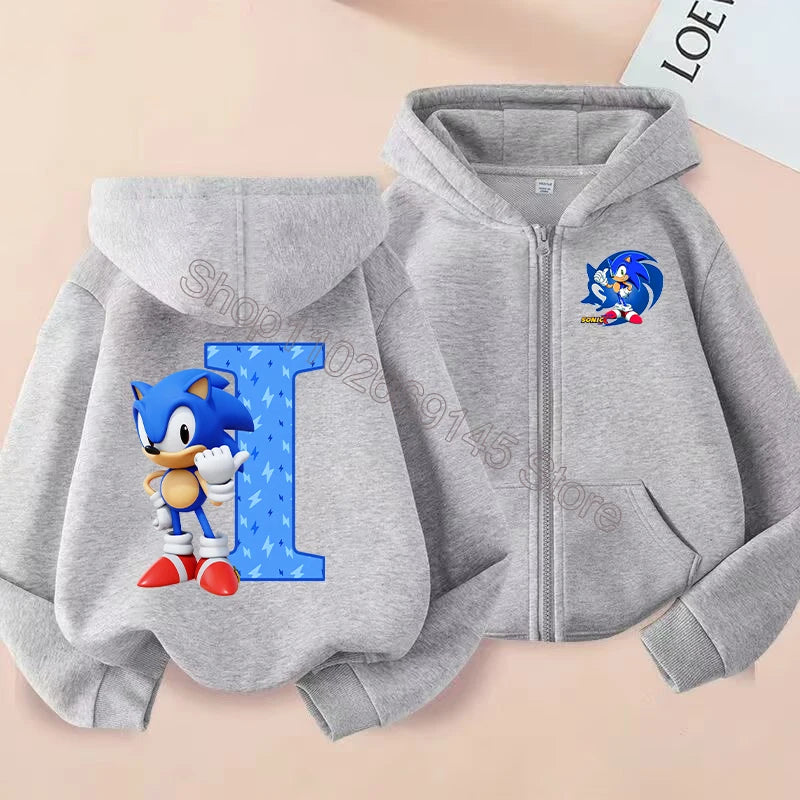 New Sonics Boys Zip-up Hoodies Kids Anime Hoodie Cartoon Letter Printed Tops Winter Warm Jacket Coat Autumn Children Clothing