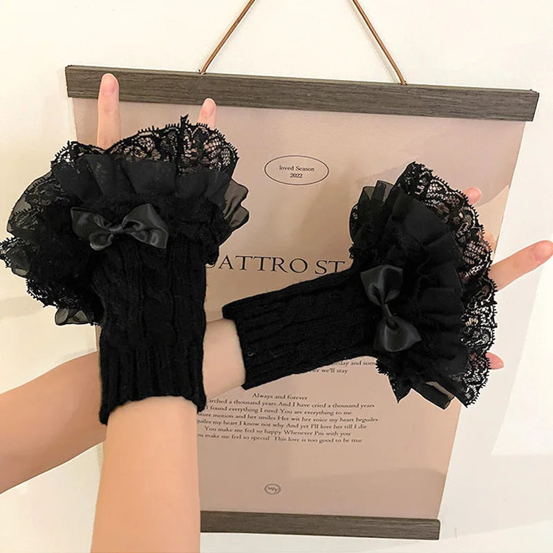 Lace Bow Fingerless Gloves, Winter Warmth, Sun Protection Sleeves, Fake Sleeve Gloves, Women's Clothing Accessories