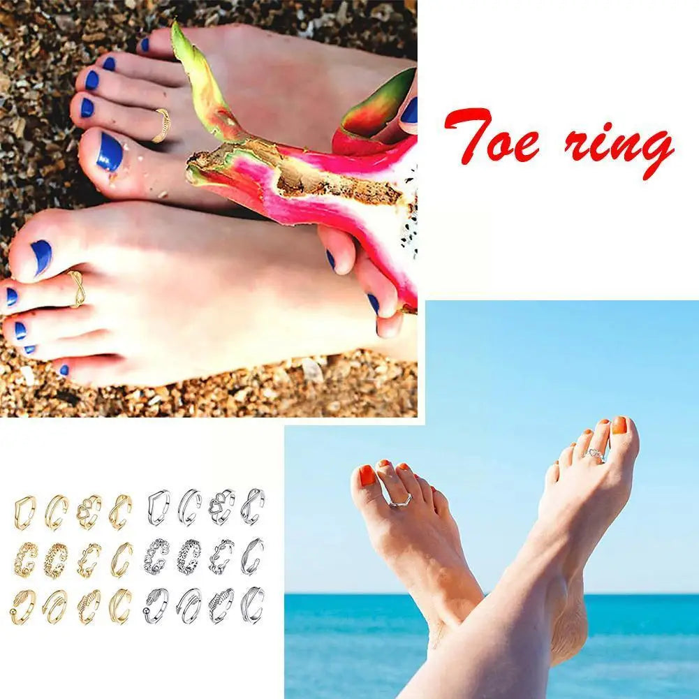 12pcs Adjustable Toe Rings For Women Girls Simple Beach Open Toe Set Cute Heart Feather Summer Toe Foot Jew T1X7