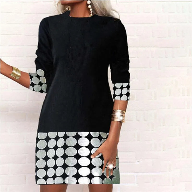 Autumn And Winter New Women's Fashion Splice Round Neck Slim Fit Long Sleeve Printed A-Line Dress