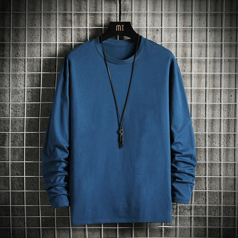 Harajuku Long Sleeve T Shirt Men Solid Color Cotton Soft O-Neck Basic Tops Tees