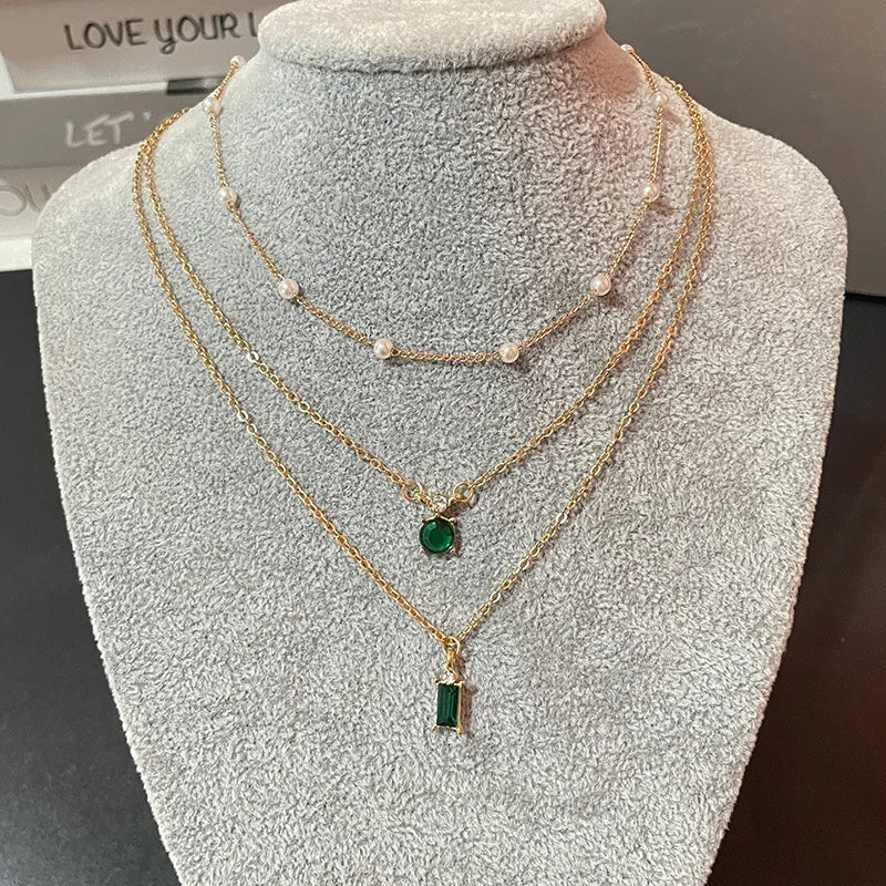 Simple Stacked Retro Imitation Emerald Green Pearl Multi-layer Necklace For Women