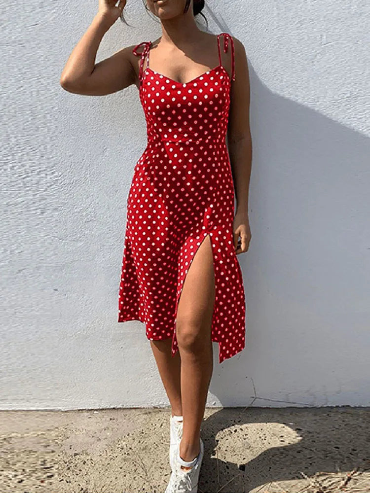 Sundress Summer Women Causal Polka Dot Sleeveless High Pleated elastic waist V-Neck Beach Dress