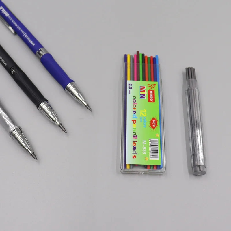 2.0 Mechanical Pencils Non-Slip For Paint Write Black Color 2mm Mine 2B Leads Art Pen Replaceable Refill Student School