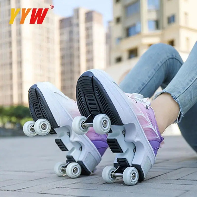 Four-Wheel Dual-Use Skating Shoes Double-Row Roller Student Men's Casual Sneakers Women's Men's Sport Walking Running Shoes