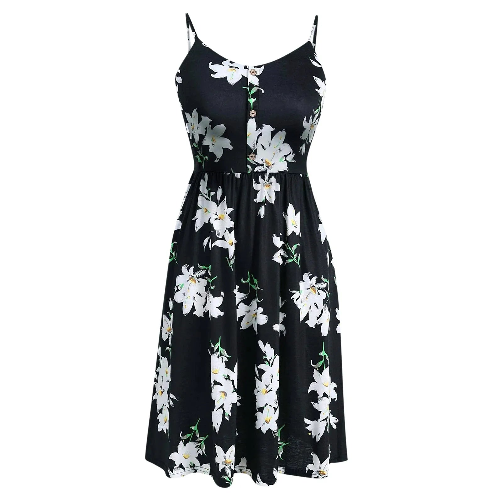 Summer Floral Print Women Casual Dress Button V Neck Sleeveless Loose Strap Splice Dresses