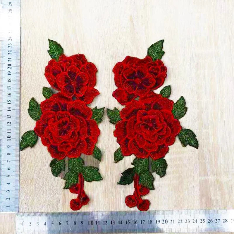 Red Embroidery Rose Flower Sew On Patch Dress