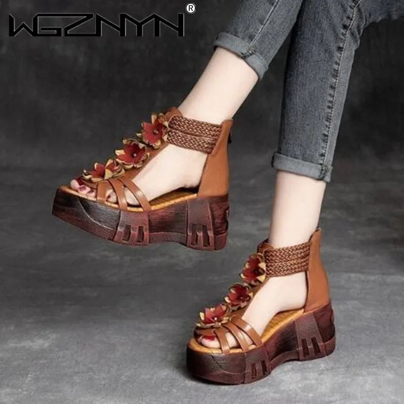 Summer Women Flowers Sandals Genuine PU Leather Open Toe Shoes Casual High Heel Wedges