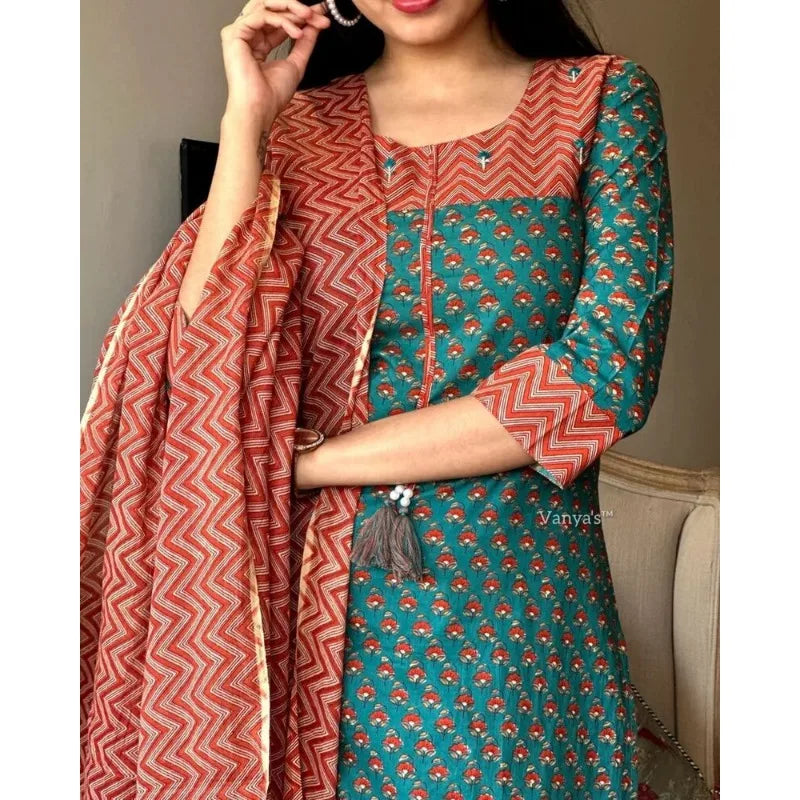 Women Printed Kurta Palazzo with Dupatta Set Indian Wedding Salwar Kameez Suit