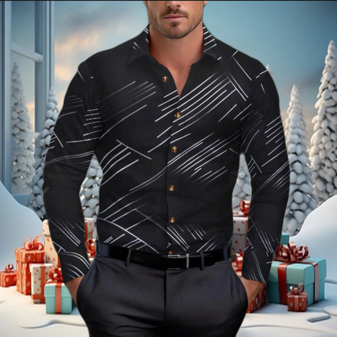 Classic line men's shirt, loose and comfortable long sleeved shirt, high-end business shirt, fashionable men's clothing