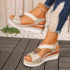 Women's Trendy Wedge Sandals, Buckle Design Platform Ankle Strap Casual Shoes