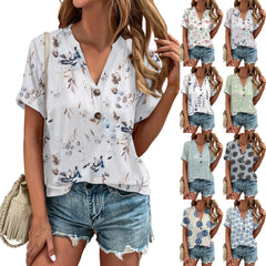 Fashion Floral Print Women's T-shirts V-neck Short Sleeve Tops Tees Casual Daily Beach Shirt Ladies T Shirt