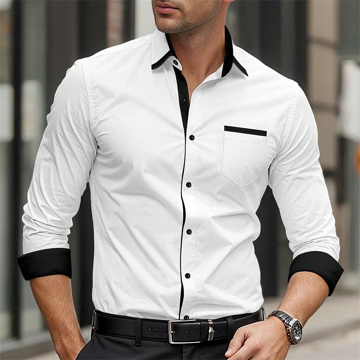 Classic business men's shirt casual breathable solid color long sleeved shirt daily street fashion wearing men's top