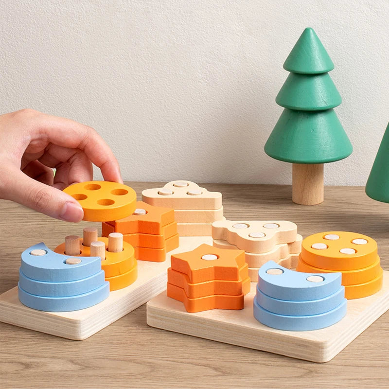 Montessori Kids Wooden Shape Toy Building Blocks Early Learning Educational Toys