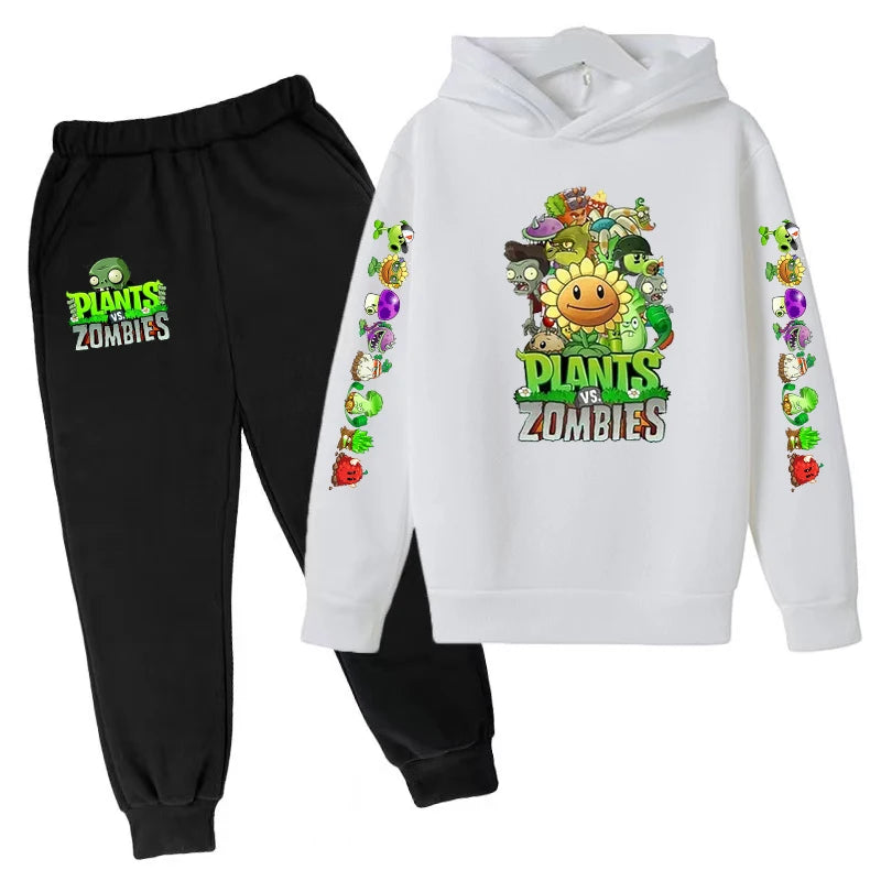 Kids Hooded Pullover Popular Game Plants vs. Monster Print Boys/Girls Top/Pants Clothing Set