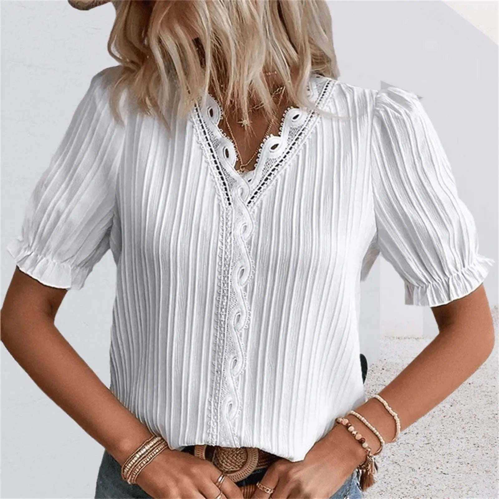 Women Summer Lace V Neck Plain Lace Elegant Shirt