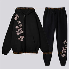 pants Sets Women's Hoodie and pants Two-piece Zipper High Quality Oversize Clothing Aesthetic Rose Graphic PrintFemale Tracksuit