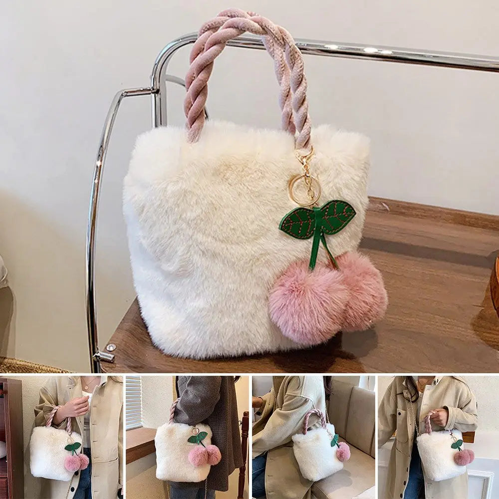 Women Female Cute Cherry Bags Soft Plush Handbags Furry Fluffy Totes Fashion Shopping Bags