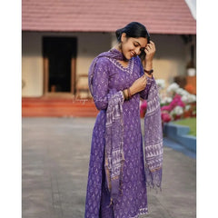 Purple Cotton Fabric Kurta Palazzo with Dupatta Set Readymade Salwar Kameez Suit Kurti