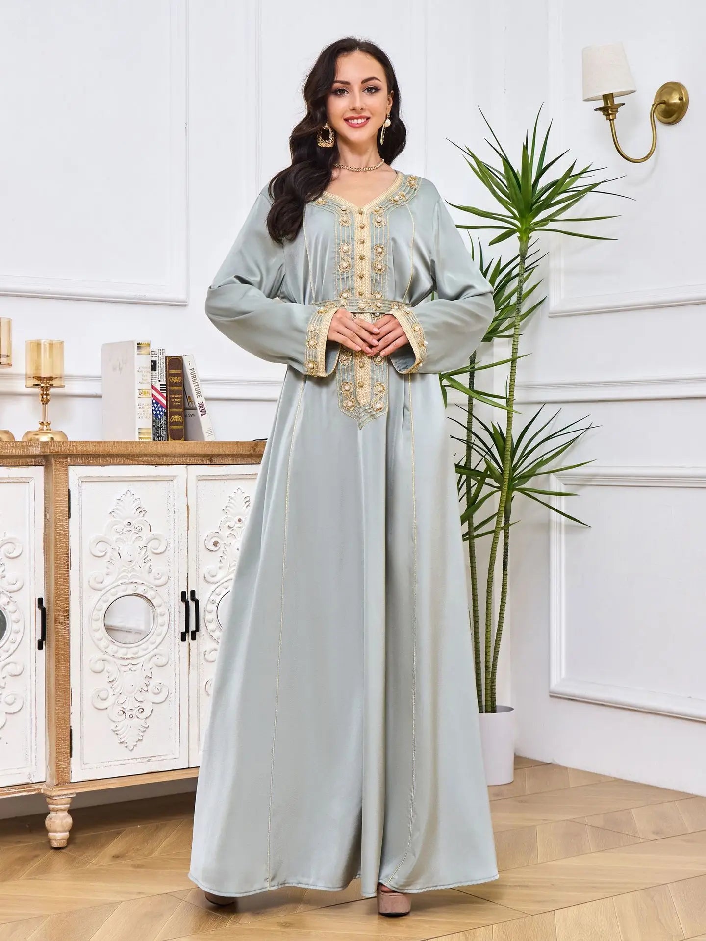 Maxi Dress Kaftan Floral Embroidered Women Fashion Jellaba Muslim Clothing Dubai Long Sleeve Abaya Ladies Evening Dresses 2024