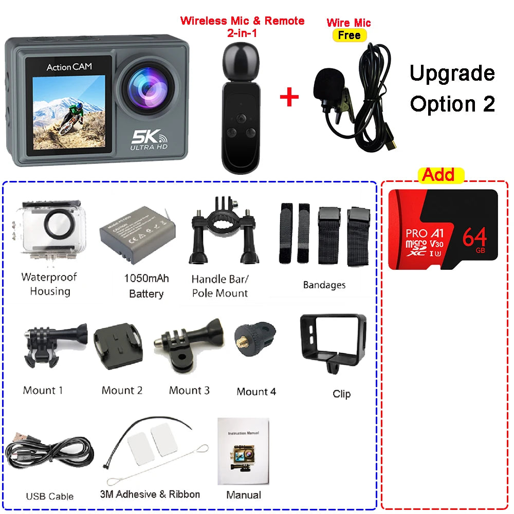 5K 4K60FPS Action Camera Dual IPS Touch LCD EIS 170° DVR 30M Waterproof 5X Zoom Sport Camera