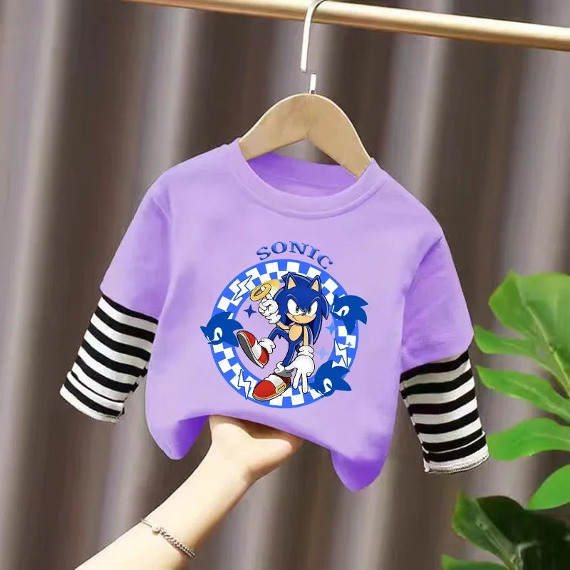 Sonics Kids Clothing Fashion All-match Letter Printing T-shirt Autumn Casual Loose Pure Cotton O-neck Pullover Long Sleeve Top