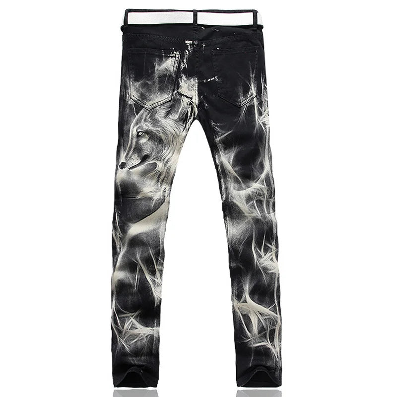 New Men's fashion wolf  printed jeans