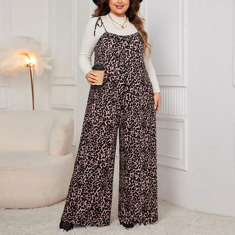 Plus Size Leopard Jumpsuits  Lace Up Strap Sleeveless Wide Leg Pants Fashion Loose Brown Overalls