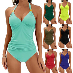 Women's Solid Color Neck Split Strap Two-piece Swimsuit V-neck Swimsuit with Shorts Bikini Sets