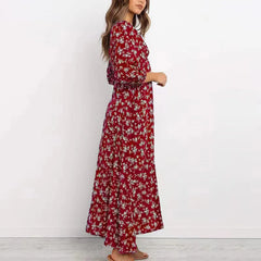 Women's Long Sleeve Bohemian Floral Maxi Dresses Loose Casual High Waist Boho Printed Maxi Dress