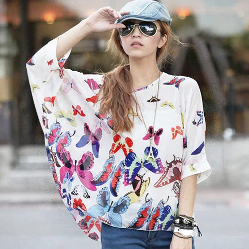 Women New Striped Print Summer Tops Tees Batwing Sleeve Casual Chiffon Blouses