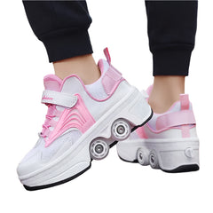 Child's 4-wheel Dual-purpose Roller Shoes Outdoor Kids Deformed Shoes With Wheels Fashion Parkour Sneakers For Girls From Gift