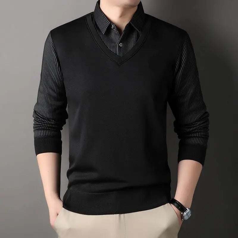 Fashion Striped Spliced Polo Shirts Men's Long Sleeve T-shirts