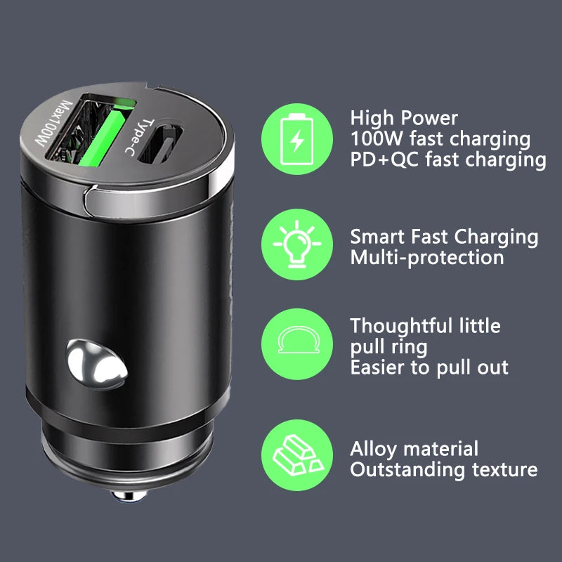 Car Charger Lighter Fast Charging for iPhone QC3.0 Mini PD USB Type C Car Phone Charger for Xiaomi Samsung Huawei