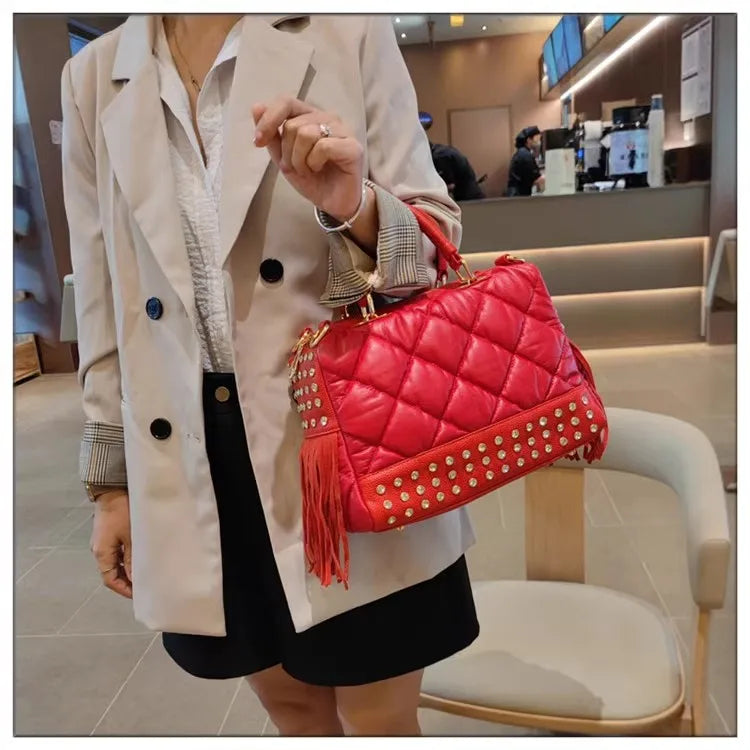 Soft Red Leather Women's Handbags Female Luxury Fashion Tassels Diamonds Rivet Bag