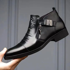 Men Ankle Boots Embossed Side Zipper Raised Horseshoe Heels Men Shoes