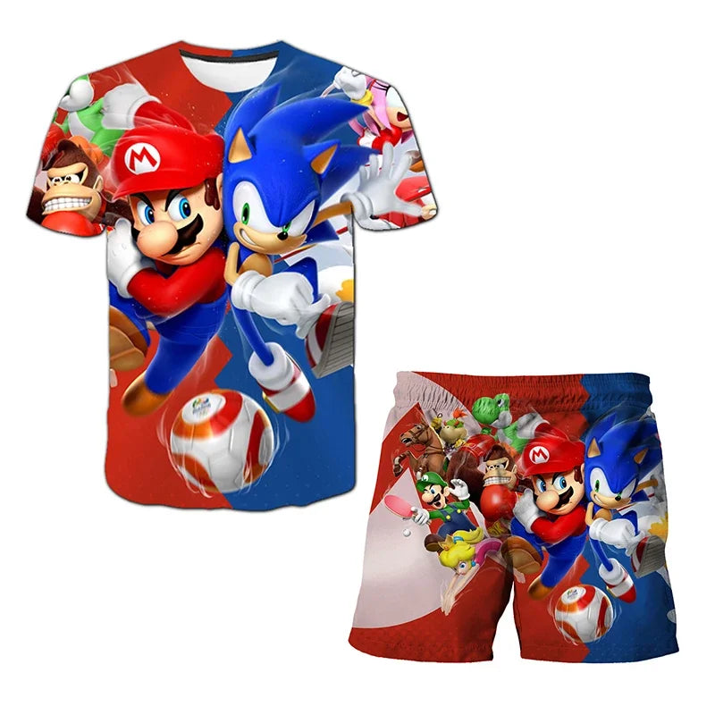 T Shirt suit Summer boys and girls sonic 3d Print Children Short-sleeved T-shirts Pattern suit