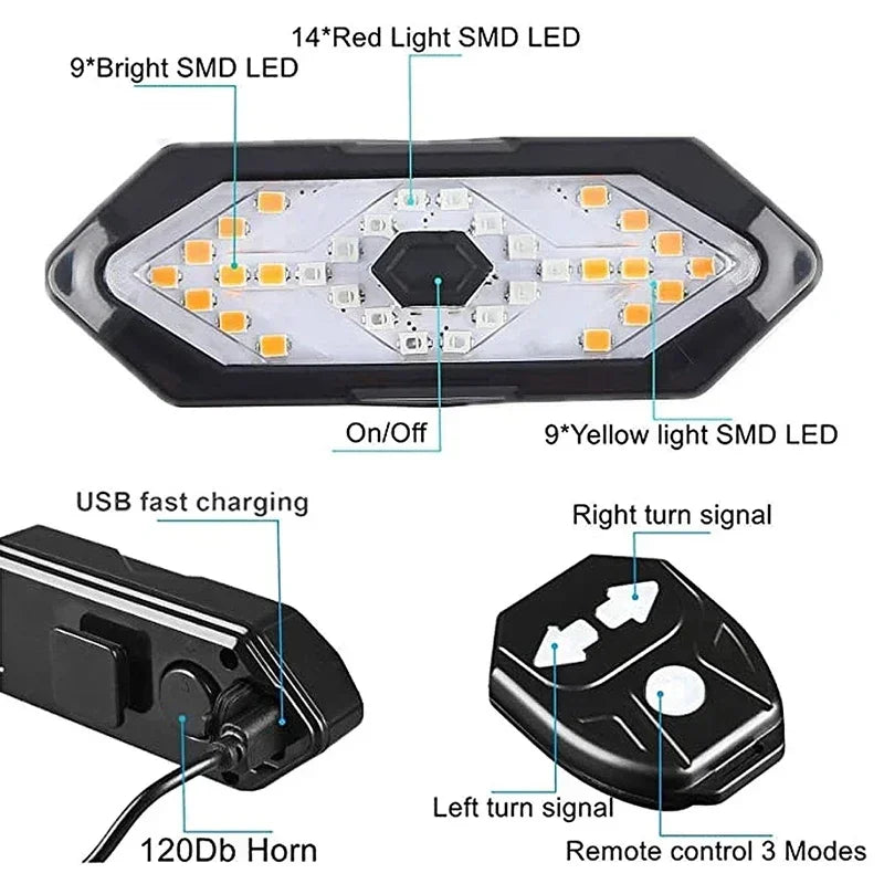 Bicycle Turn Signal Rear Light Remote USB Rechargeable Bright Taillight Fit on Any Bike Wireless Safety Lamp