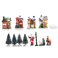 LED Resin Christmas Village Ornaments Set Figurines Decoration Santa Claus Pine Needles Snow View House