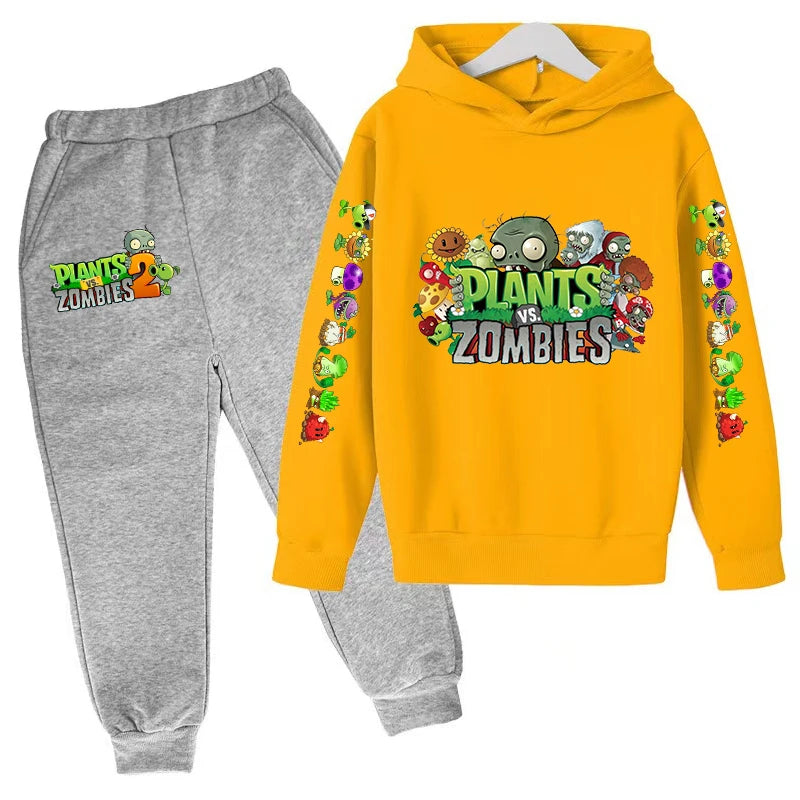 Kids Hooded Pullover Popular Game Plants vs. Monster Print Boys/Girls Top/Pants Clothing Set