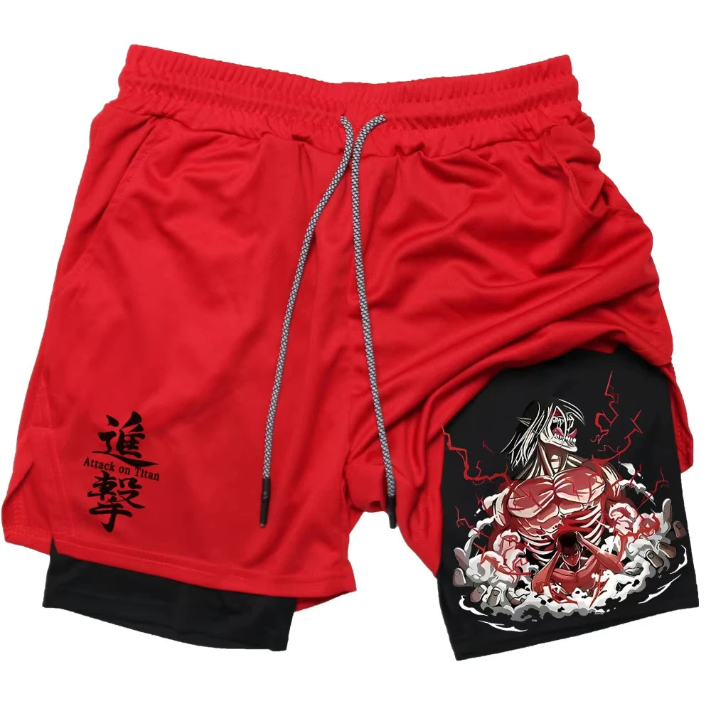 Anime Gym Shorts Men Fitness Gothic Manga 2 in 1 Performance Shorts Mesh Quick Dry Athletics Short Pants