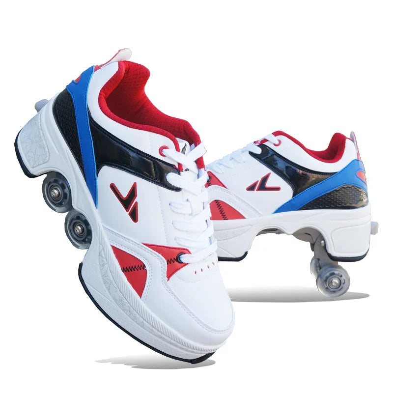 Casual Sneakers Walk Roller Skates Deform Runaway Four Wheel Skates for Adult Men Women Unisex Child Deform Wheel Parkour Shoes