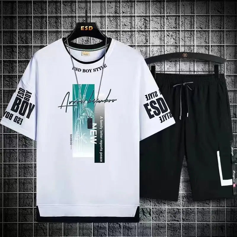 Mens Summer Short Sets Graphics T-shirt+Shorts Two Piece Set